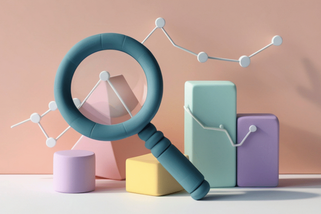 Magnifying glass over data charts representing a centralized source of truth and accurate reporting in higher education systems.