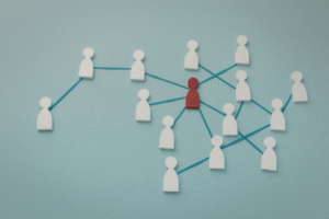 Network diagram with interconnected contact icons representing relationship mapping in admissions systems.