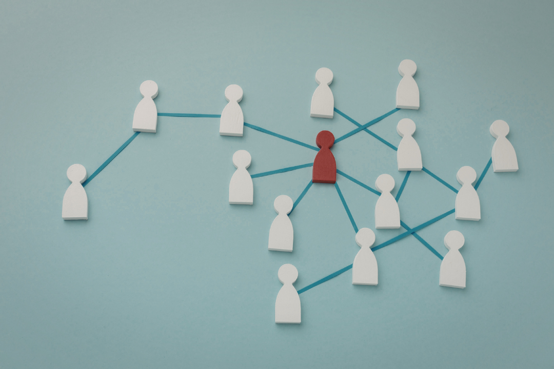Network diagram with interconnected contact icons representing relationship mapping in admissions systems.
