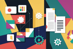 Illustration of an integrated higher education tech stack with connected systems and digital workflows.